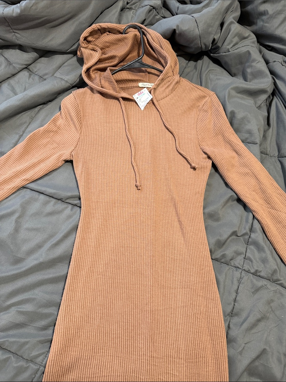 Ribbed Hooded Bodycon Dress in Tan